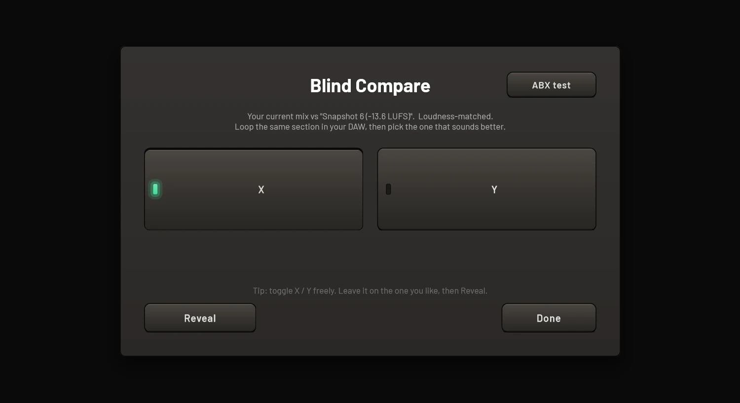 Cartigraph Blind Compare: your mix and a snapshot behind two unlabeled buttons, X and Y, loudness-matched