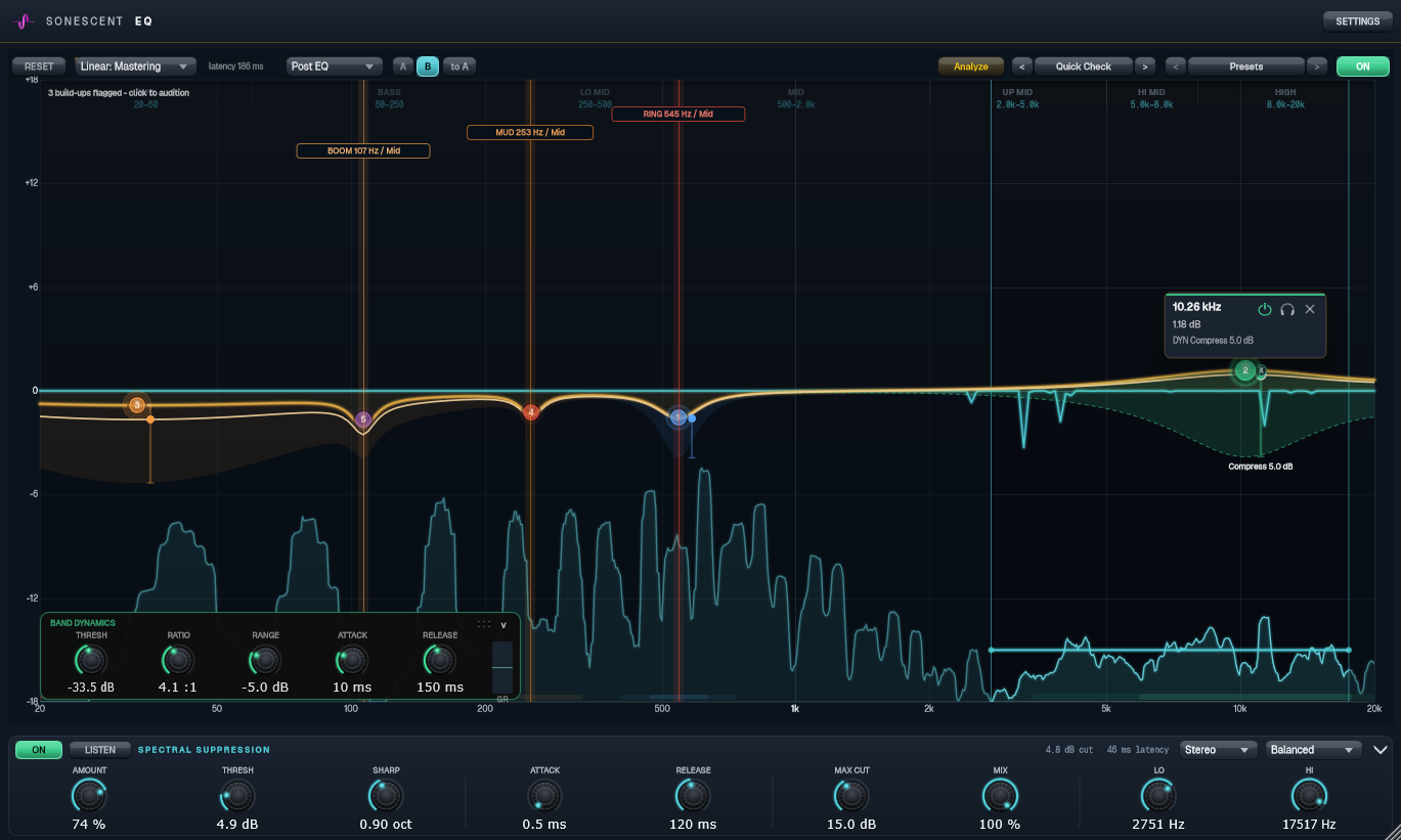 Sonescent EQ with three flagged resonances, live spectral suppression and band dynamics