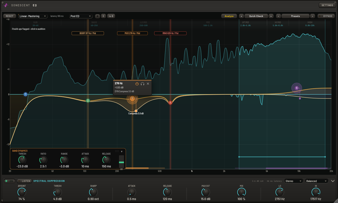 Sonescent EQ with three flagged build-ups, live spectral suppression and band dynamics