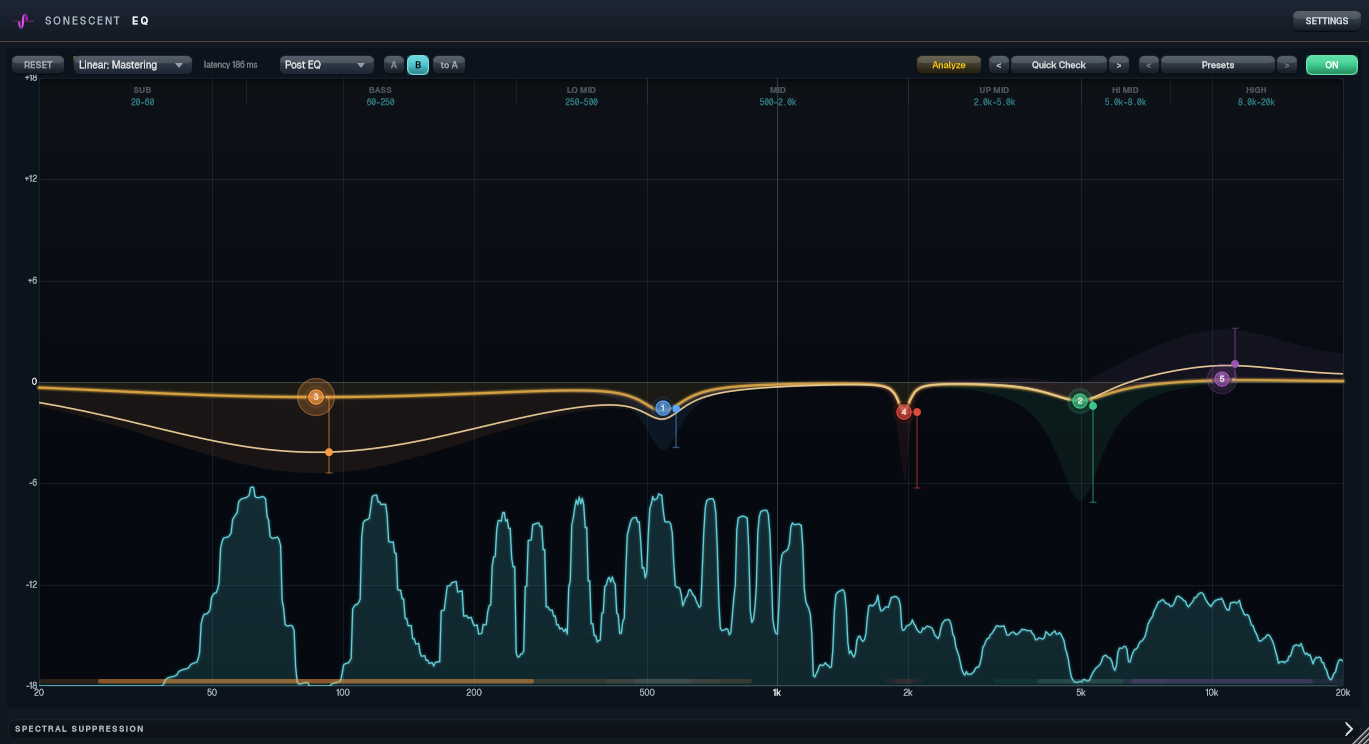 Five dynamic bands in Sonescent EQ, each with a motion rail under its node showing how far it is currently moving against a live spectrum