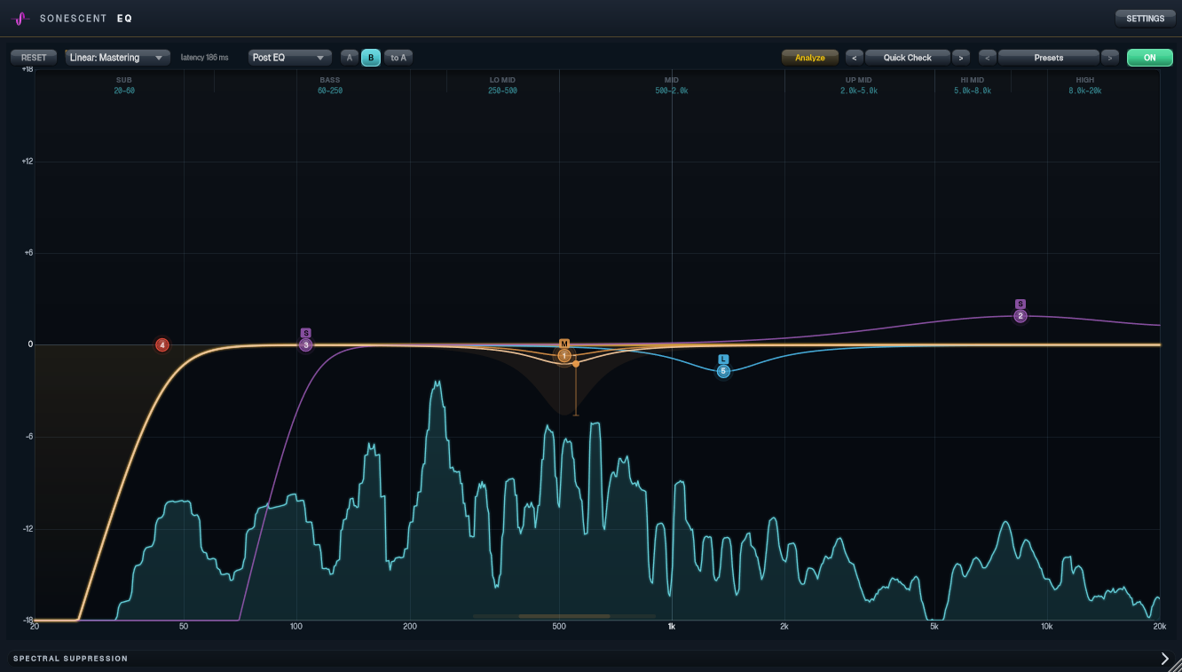 Sonescent EQ in linear phase Mastering mode with five bands placed across the stereo field: Mid, Side, Left and Right, each drawn in its own colour with a letter badge on the node