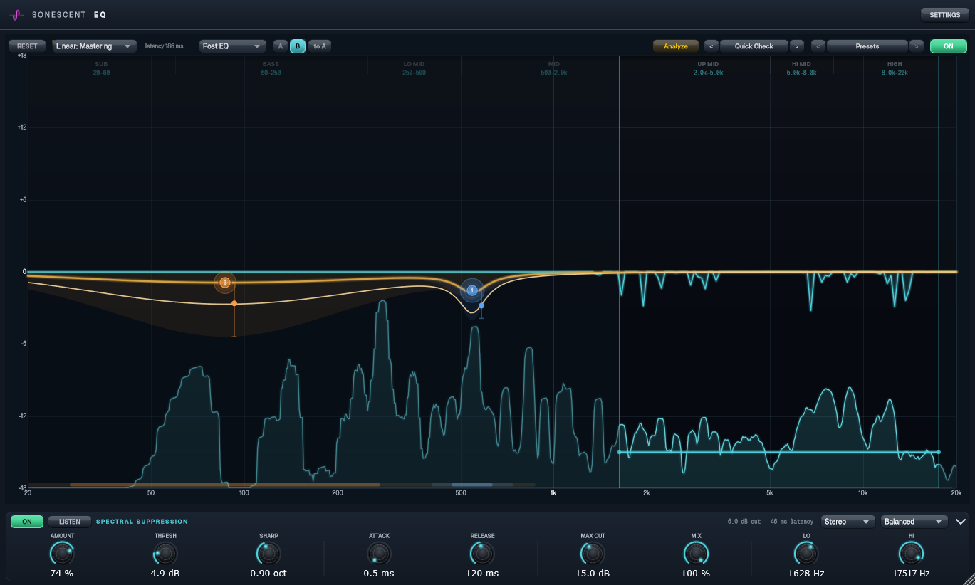Sonescent EQ's spectral suppression working on a full mix: the live reduction curve dipping into individual resonant peaks, with the focus range markers and the maximum-cut line drawn on the same decibel scale as the bands
