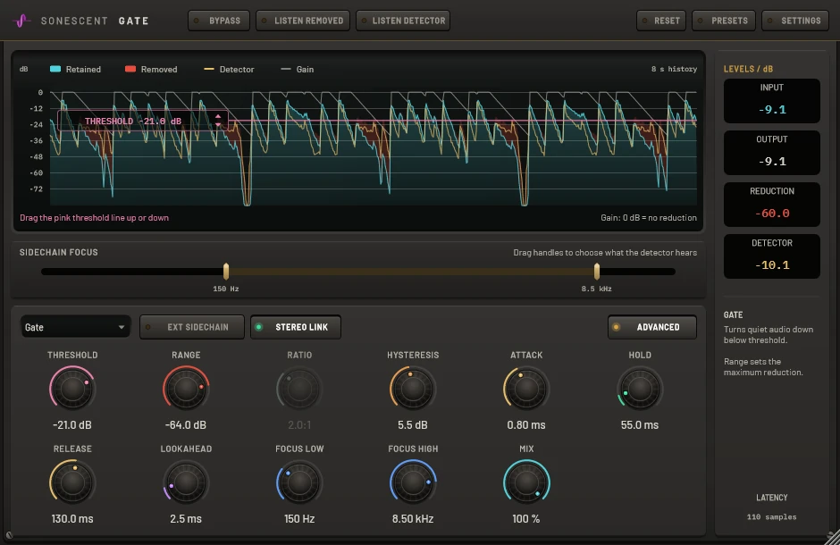 The advanced view: threshold, range, ratio, hysteresis, attack, hold, release, lookahead, focus low, focus high and mix knobs under the level history and sidechain focus rail