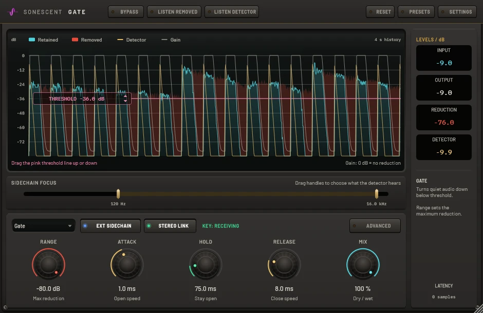 The keyed trance gate preset on a chord part: a regular 1/8-note click pattern in the sidechain opens the gate in hard square steps, the kept chords in teal and the removed gaps in red
