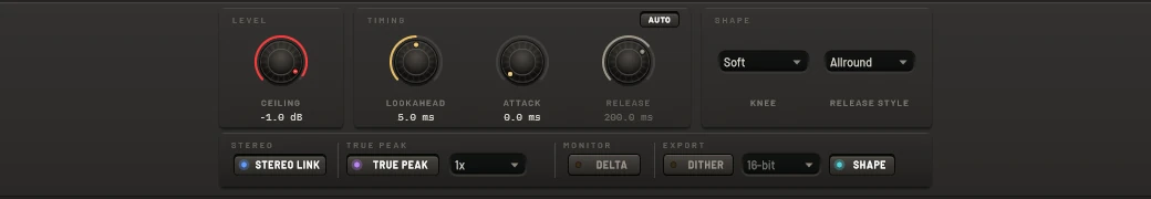 The control deck: LEVEL, TIMING and SHAPE groups carrying ceiling, lookahead, attack and release with AUTO, knee and release style, over a strip of stereo link, true peak, oversampling, delta and dither