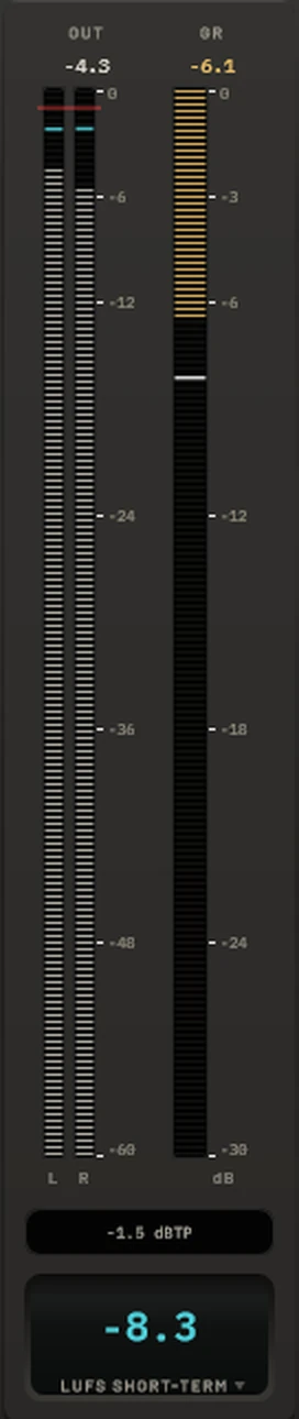 The meter bridge: segmented stereo OUT with the ceiling marked in red, GR filling from the top, the highest true peak in dBTP, and the large LUFS readout you click to switch between momentary, short-term and integrated
