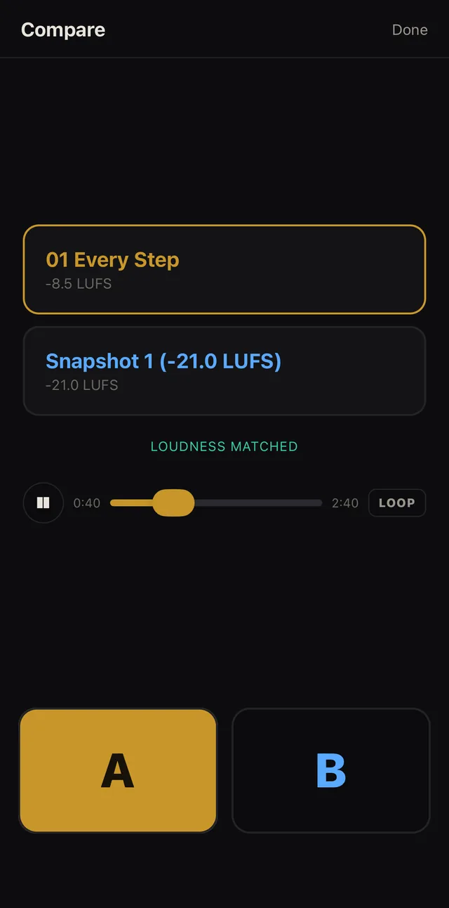 Cartigraph Listen compare view: a mix and a snapshot loudness-matched, with big A and B buttons