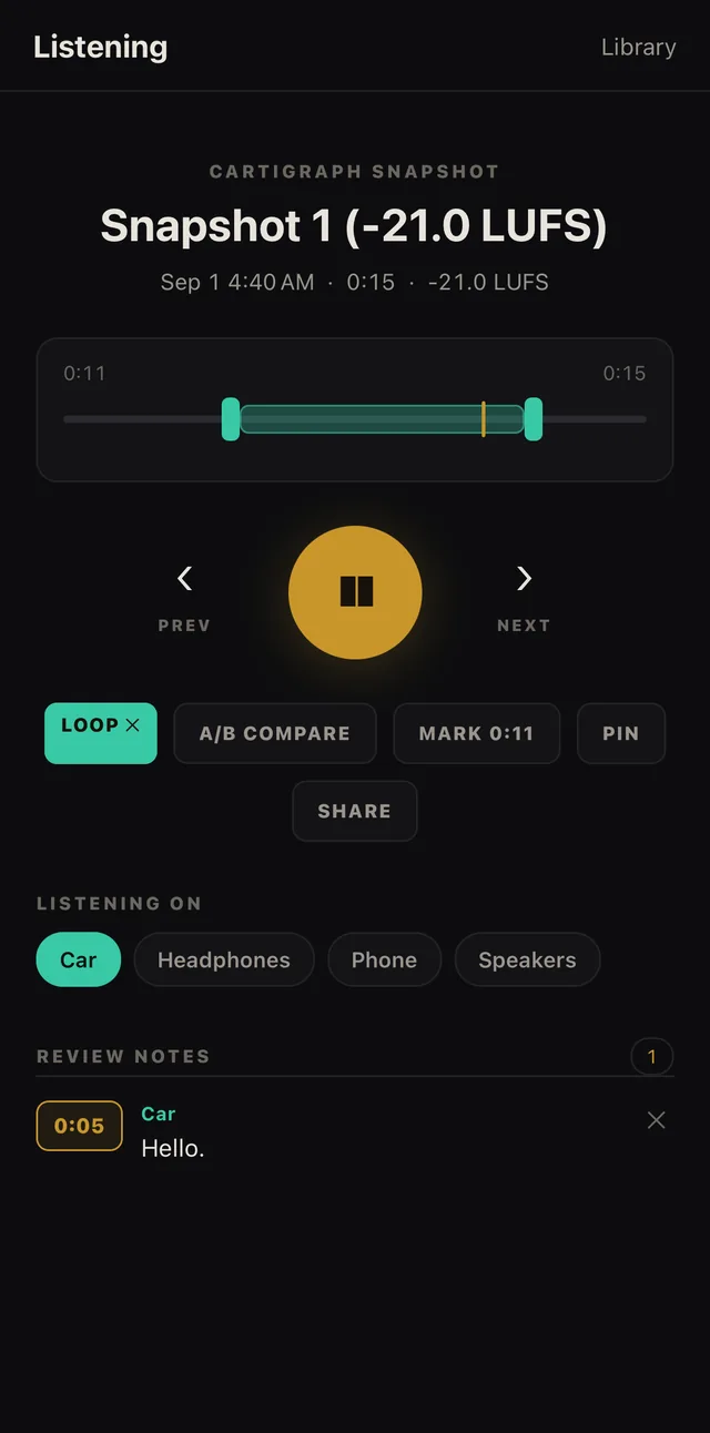 Cartigraph Listen listening view: loop, markers, and a time-stamped review note tagged with the listening system