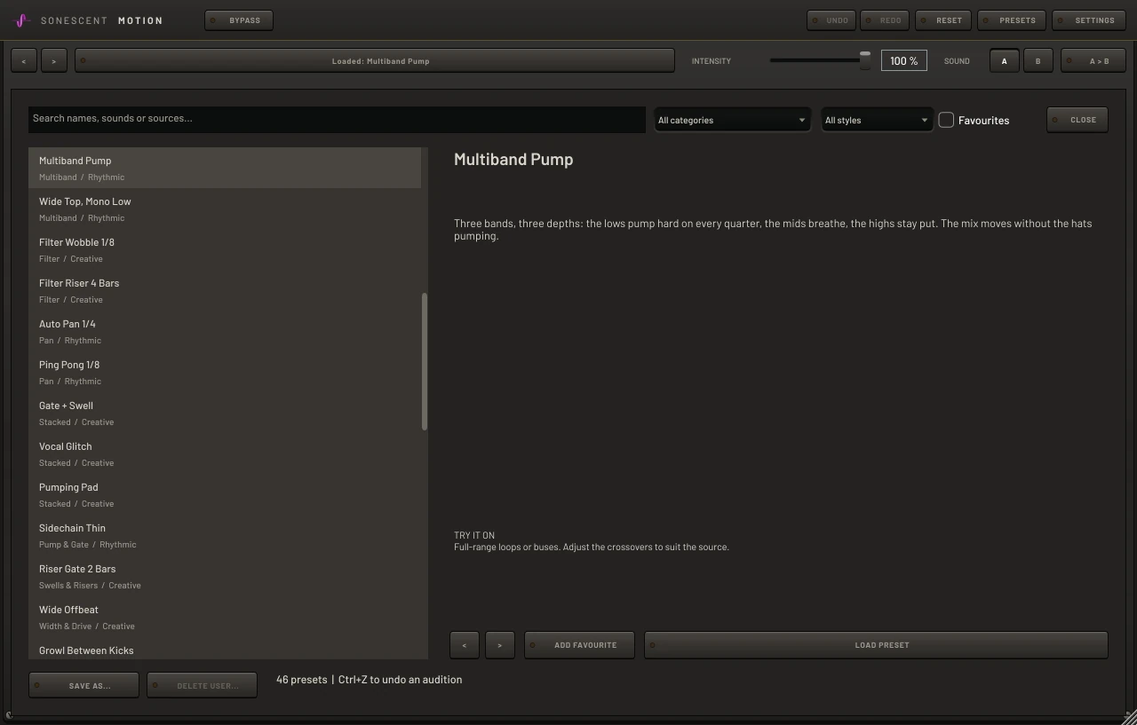 Motion's preset browser: a searchable list on the left and, on the right, the selected preset's description and a note on what to try it on, with the INTENSITY slider and the SOUND A and B buttons in the bar above it