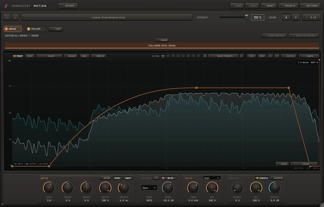 Motion's DRIVE tab with the Growl Between Kicks preset: an orange line rising in the gap between beats, with TONE and MIX in the deck below
