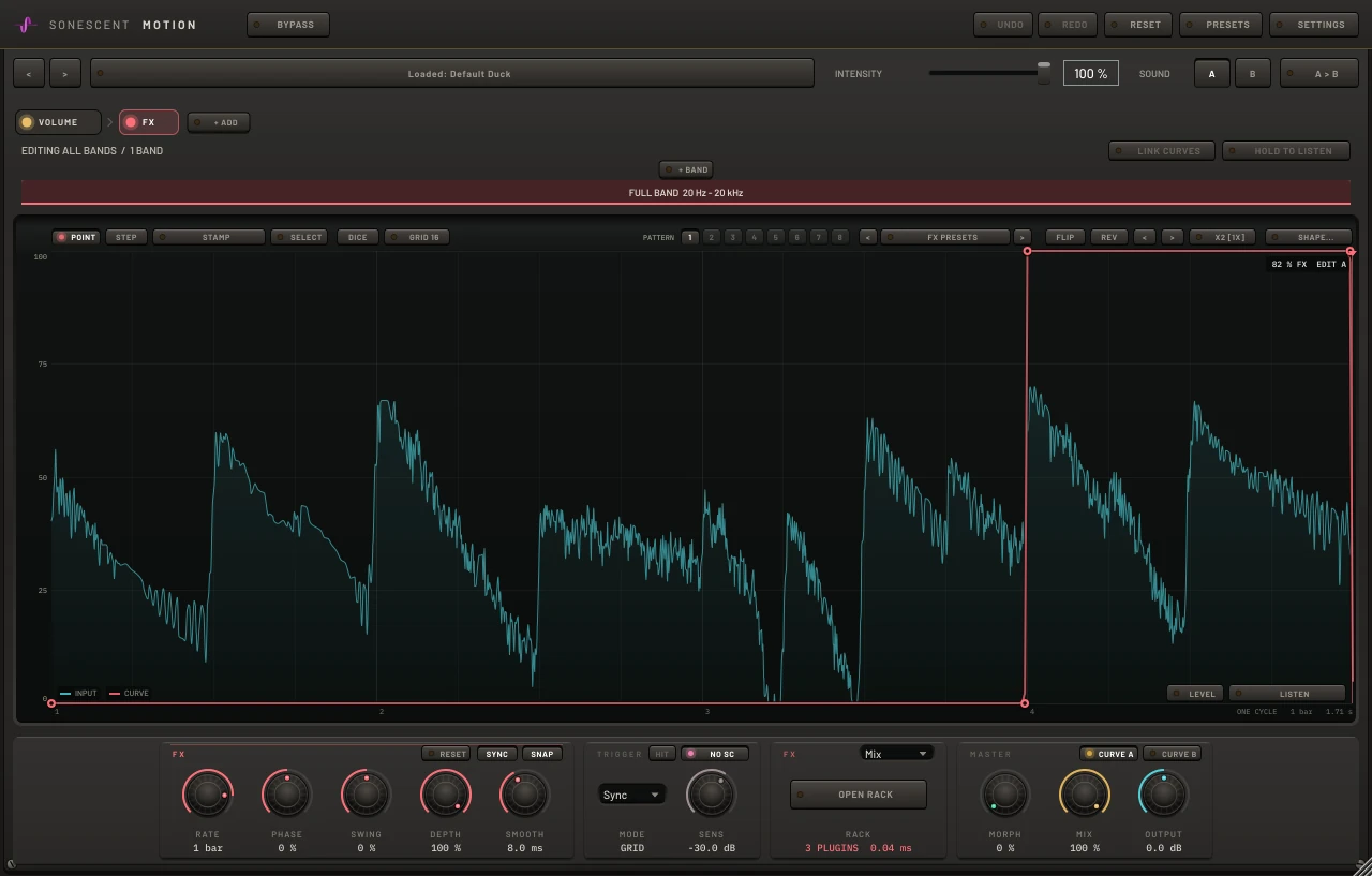 Motion's FX tab with the Last Beat Throw preset: a red line holding the rack silent for the first three beats and fully open on the fourth, with the route menu set to Mix and OPEN RACK in the deck below