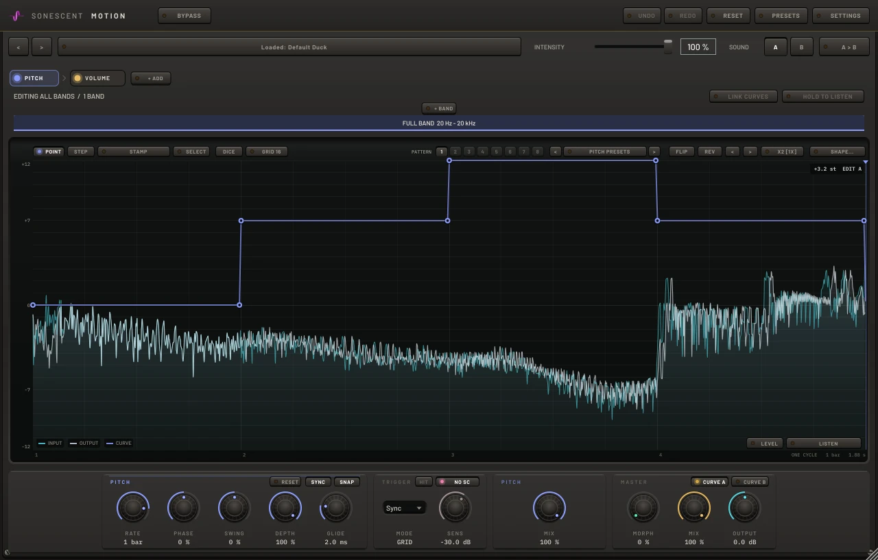 Motion's PITCH tab with the Arp 0-7-12-7 preset: a violet line stepping from the root up to a fifth, an octave and back to a fifth across the bar