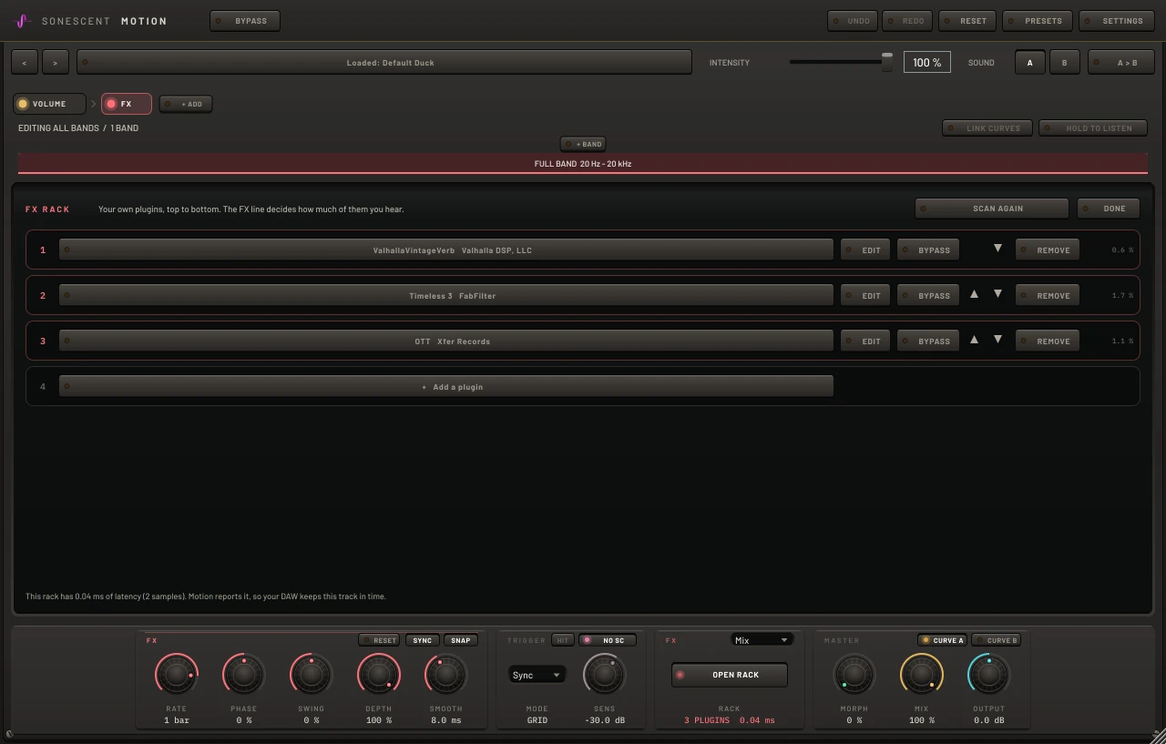Motion's FX rack open: three of the four slots hold the user's own VST3 plugins, each with EDIT, BYPASS and a CPU readout, and the fourth is waiting for one