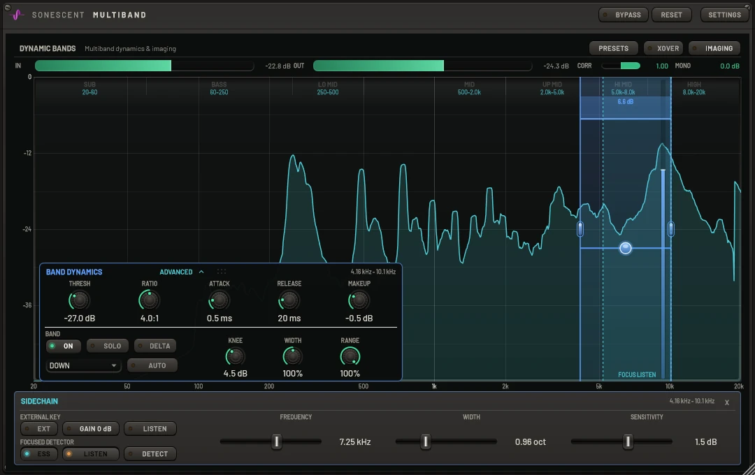 A 4.16 to 10.1 kHz band on a vocal with ESS on, the detector focus column at 7.25 kHz over the sibilance, the focused detector's LISTEN engaged, and 6.6 dB of reduction