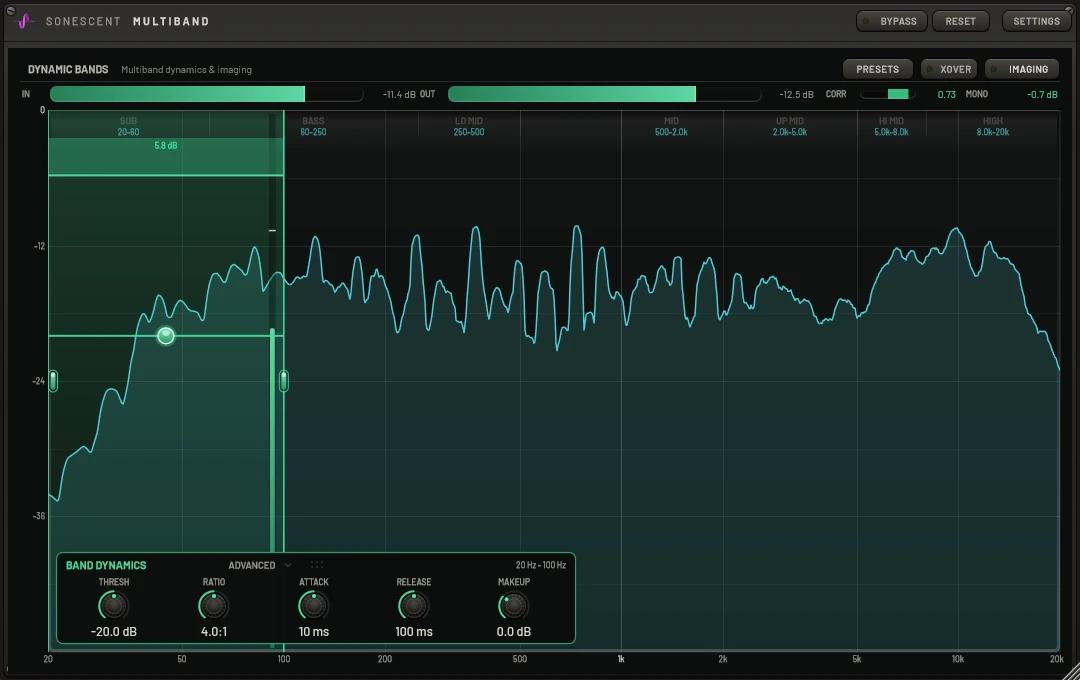 A single band from 20 to 100 Hz taking 5.8 dB off the sub range of a full mix while the rest of the spectrum passes through untouched