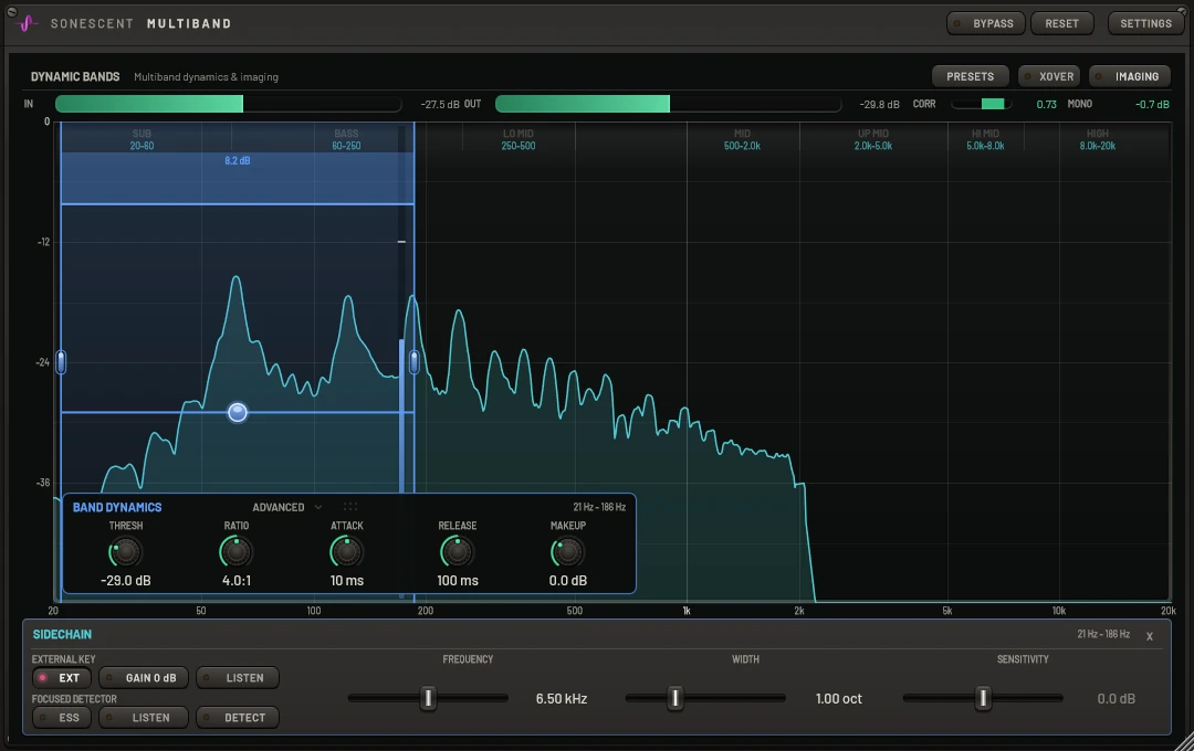 A 21 to 186 Hz band with EXT lit, keyed from a kick, showing 8.2 dB of gain reduction while the bass plays