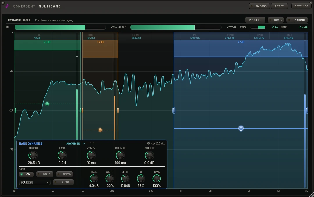 A band from 854 Hz to 20 kHz in SQUEEZE mode, with DEPTH at 10 dB, UP at 59% and DOWN at 100%, over separate sub and bass bands