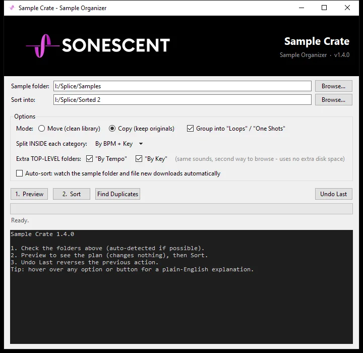 Sample Crate set to copy a sample library into category folders grouped into Loops and One Shots, with By Tempo and By Key views enabled