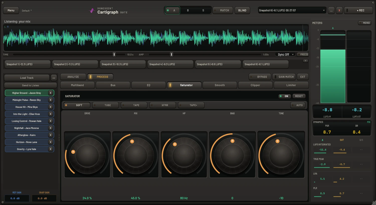 Cartigraph Saturator with the Soft character selected and drive, mix, high-pass, bias and tone knobs
