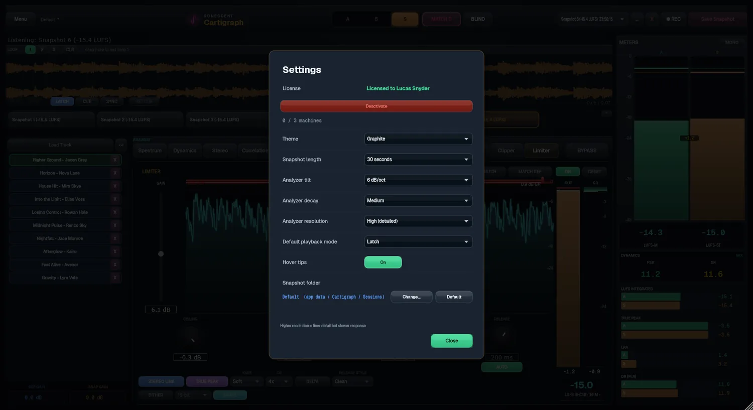 Cartigraph settings menu