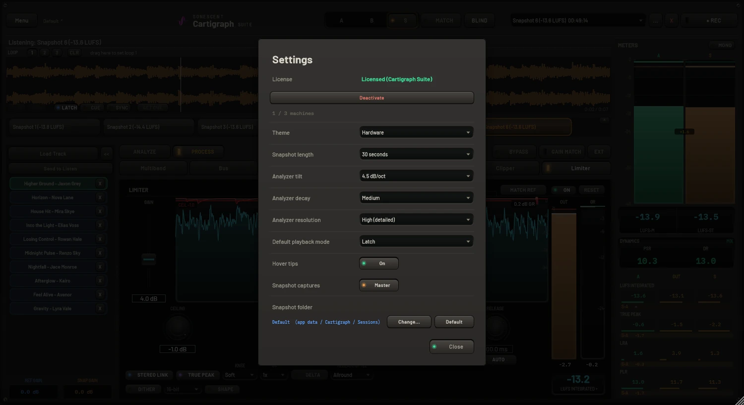 Cartigraph Settings with the licence status, machine activations, theme, analyzer and snapshot preferences