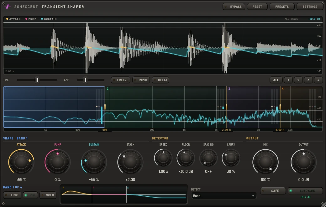 Four-band transient shaping with draggable crossover ranges over the spectrum and independent controls for the selected band