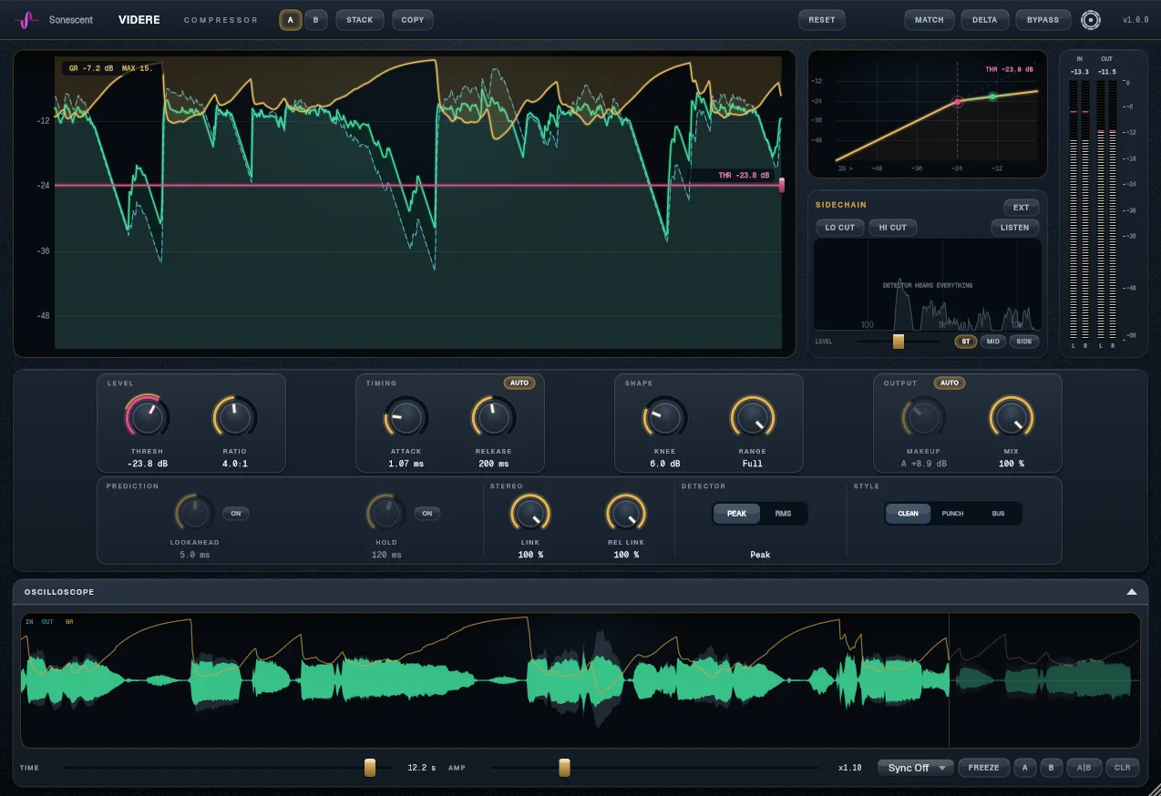 Videre Compressor showing level history, transfer curve and the oscilloscope on a lead vocal