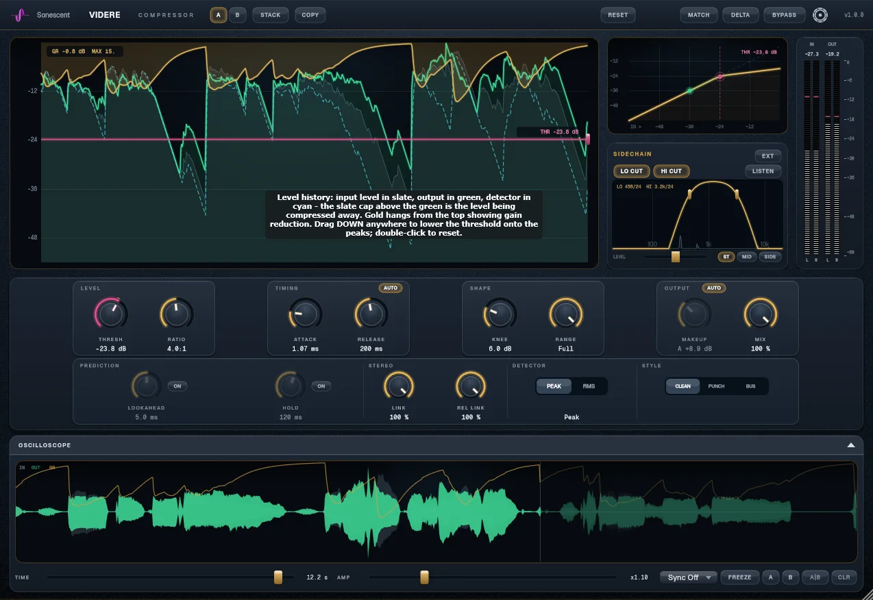 Videre's sidechain panel: draggable detector EQ over a live spectrum, with keying and level controls